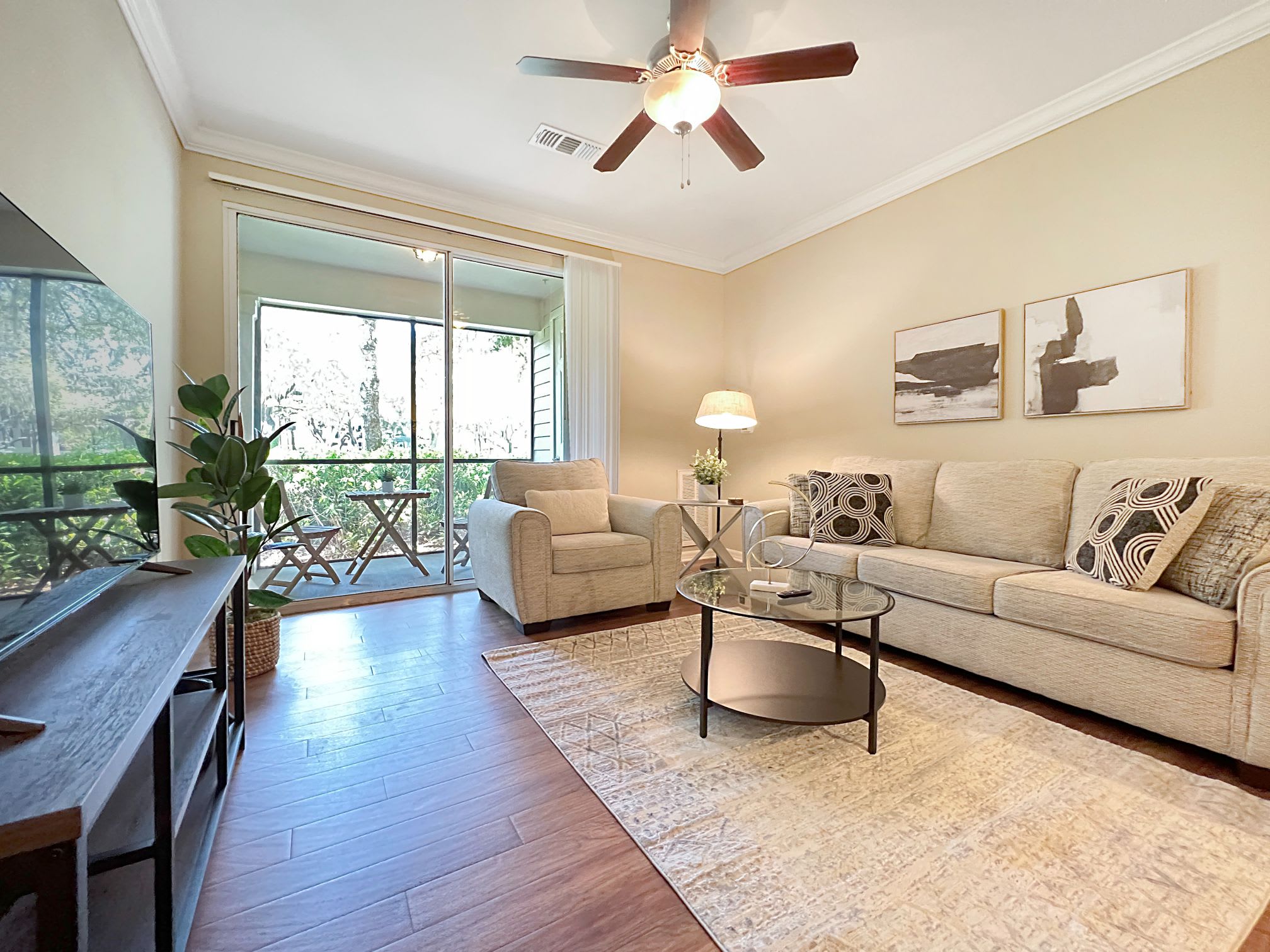 Fully furnished living room in a Ready Stays short term rental property in Tampa