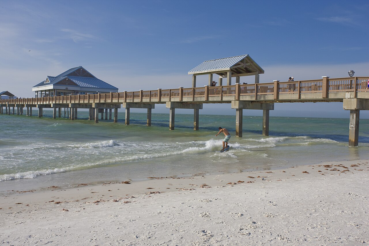 Pinellas County beach and pier in Tampa Bay supported by tourism and beach replenishment projects